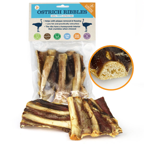 JR Pet Products Ostrich Ribbles — 100% natural air-dried ostrich meaty rib chews, pack of 2