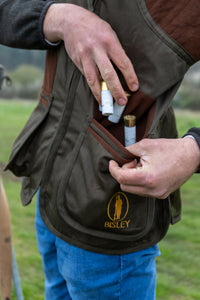 Bisley Shooting Vest pocket detail — divided front pockets for organised cartridge storage