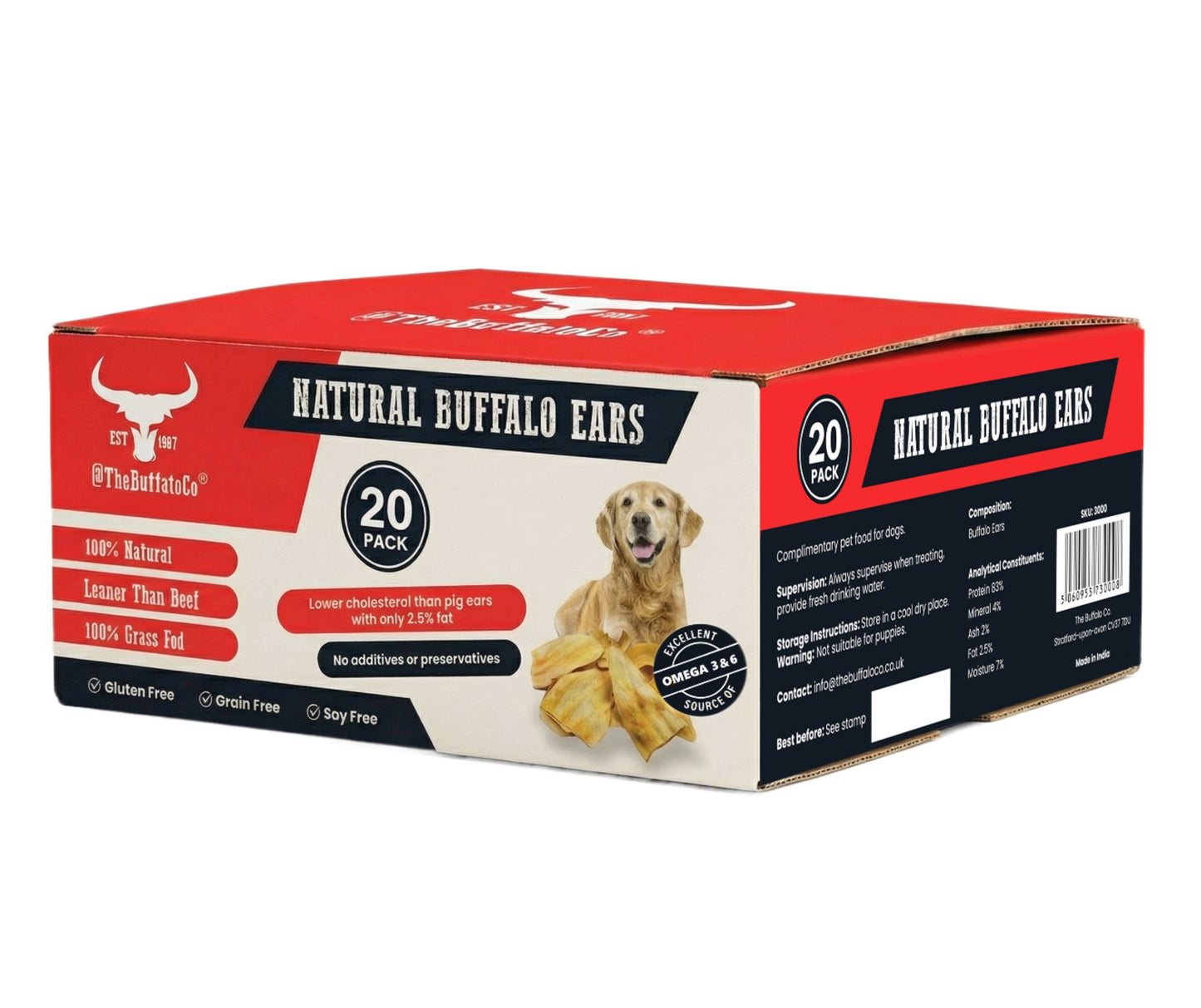 The Buffalo Co. Buffalo Ears | Natural Dog Treats | 20 or 50 Ears