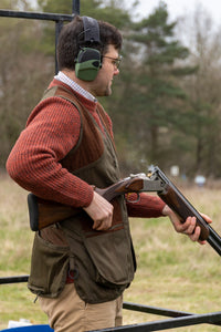 Bisley Shooting Vest shoulder detail — reinforced suede patches for left and right-handed shooters