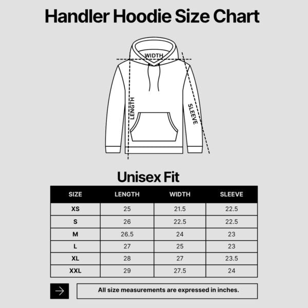 Dog & Field Handler Hoodie size guide XS to XXL in inches