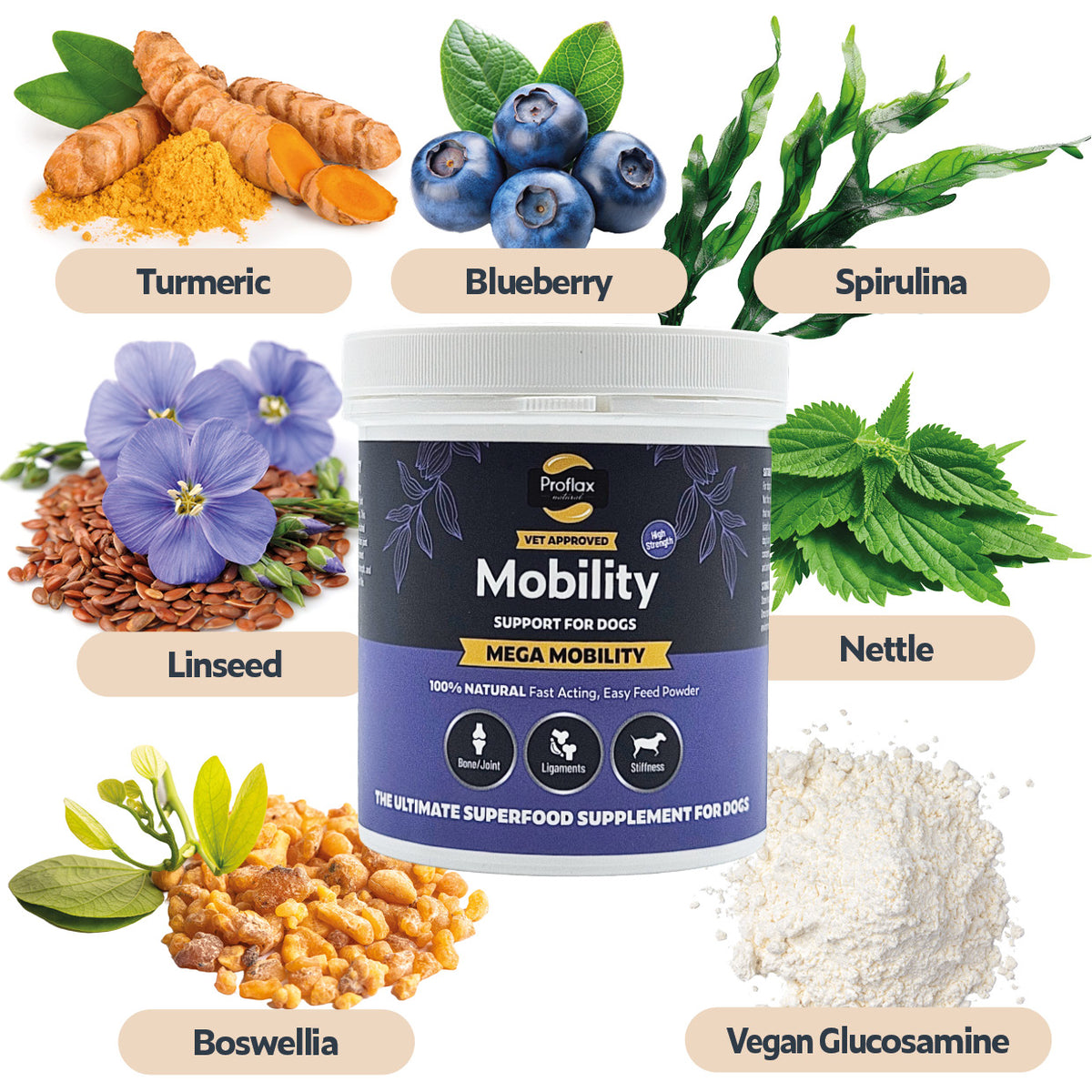 Mega Mobility ingredients including glucosamine turmeric and linseed